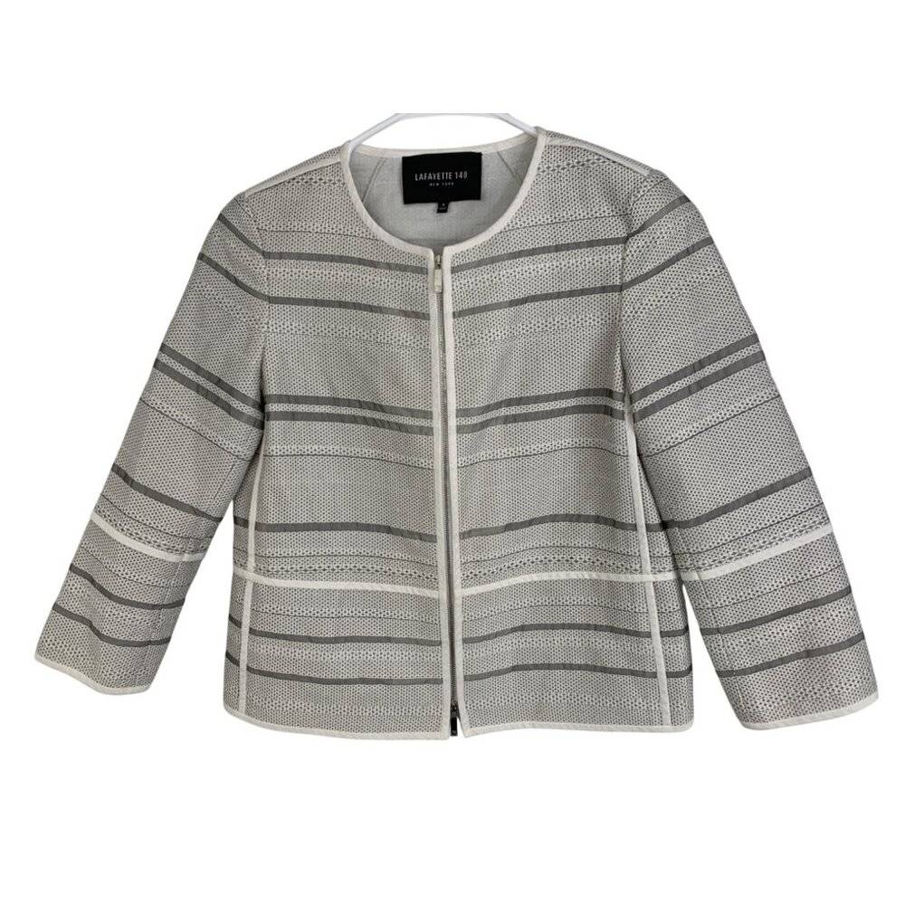 Lafayette 148 Tilda Womens Striped 3/4 Sleeve Zip Jacket Gray White Size P EUC